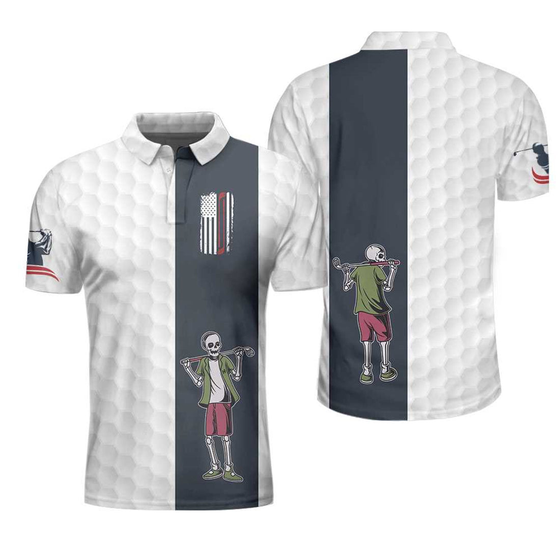Youngster Skeleton Golf Lover American Flag White Shirt Men's Polo Shirt S-5XL
