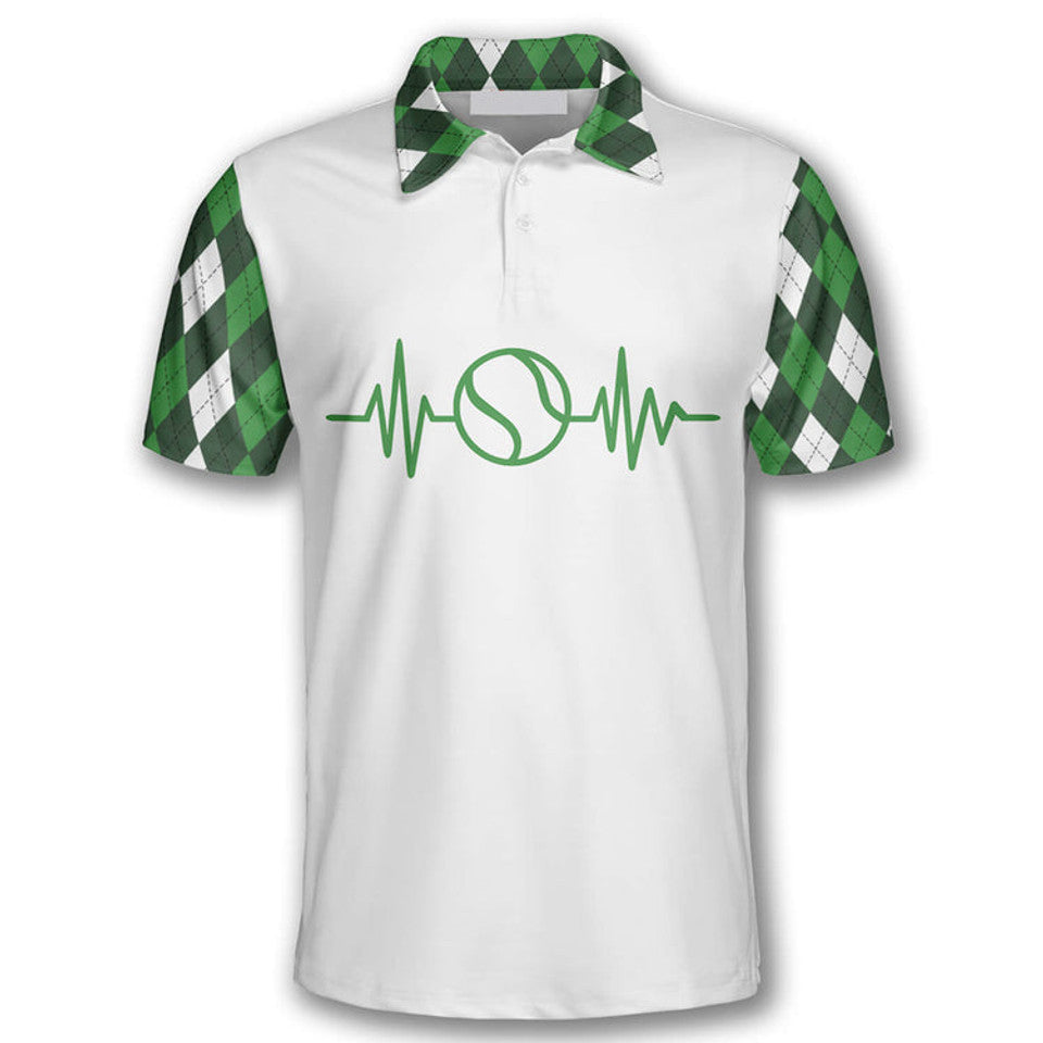 Custom Tennis Heartbeat Pulse Line Green Argyle Plaid Men's Polo Shirt S-5XL