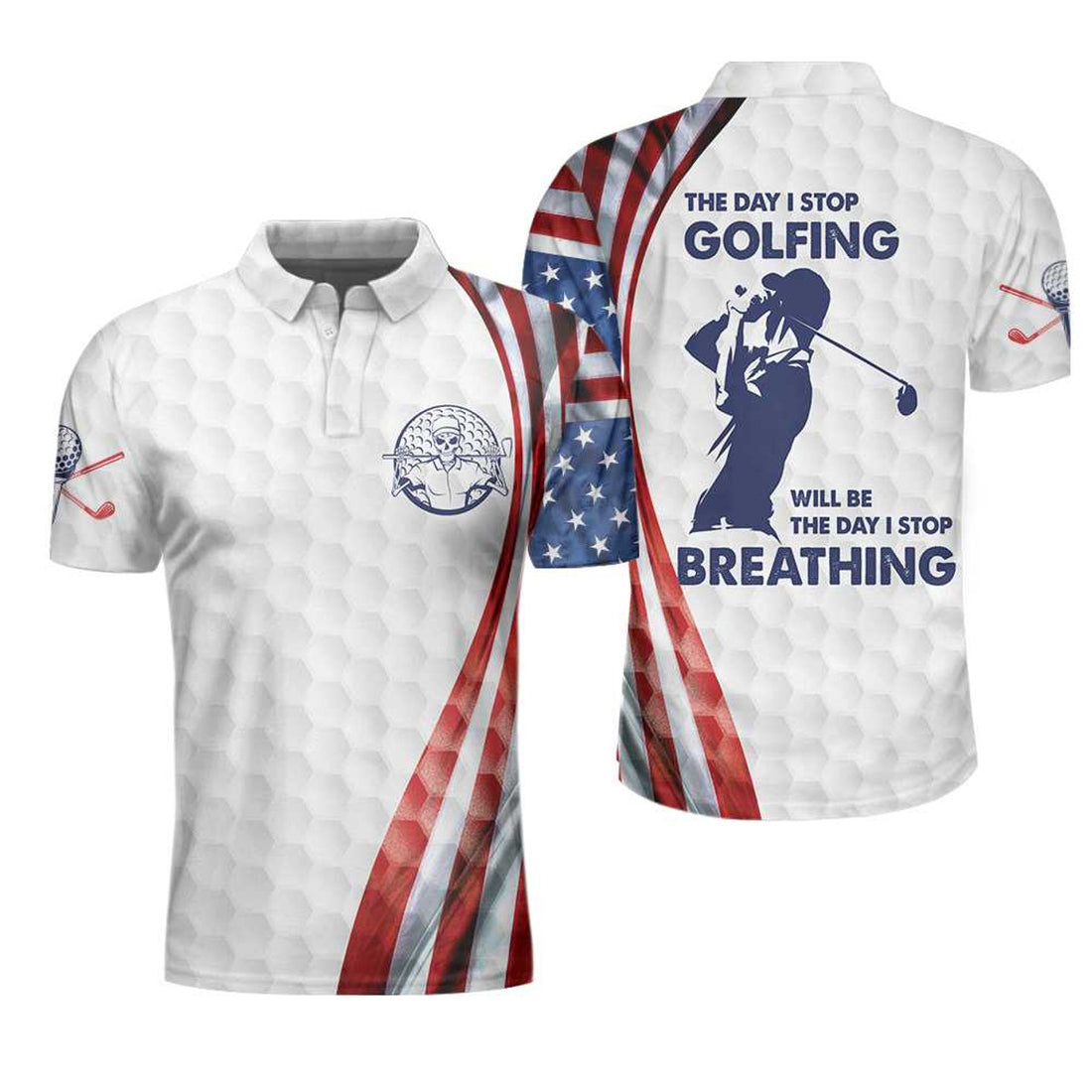 Coolspod The Day Stop Golfing Golf Skeleton American Flag Men's Polo Shirt S-5XL