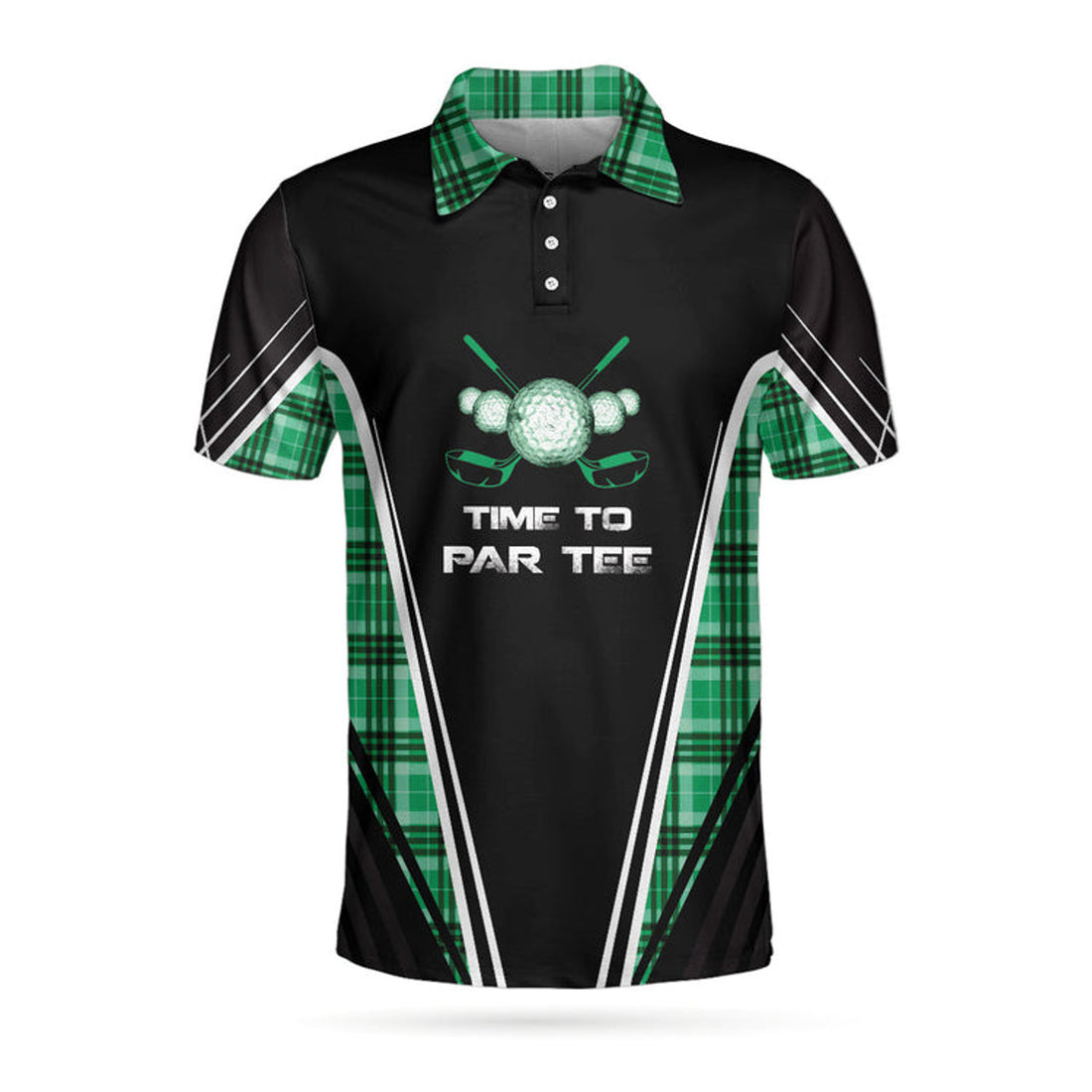Time To Par Tee Black Green Polo Shirt Green Tartan Plaid Golf Men's Polo Shirt S-5XL