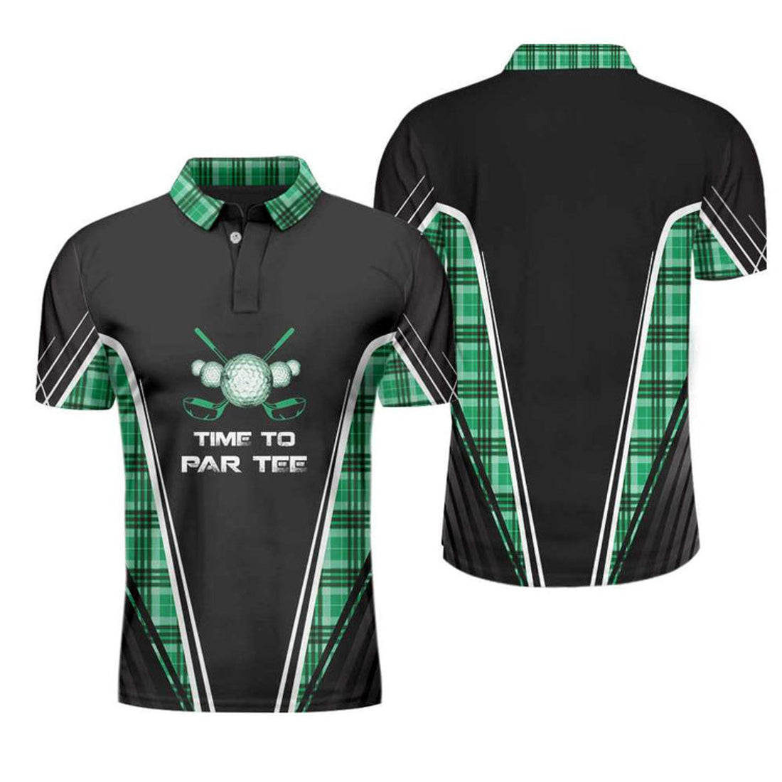 Time To Par Tee Black Green Polo Shirt Green Tartan Plaid Golf Men's Polo Shirt S-5XL