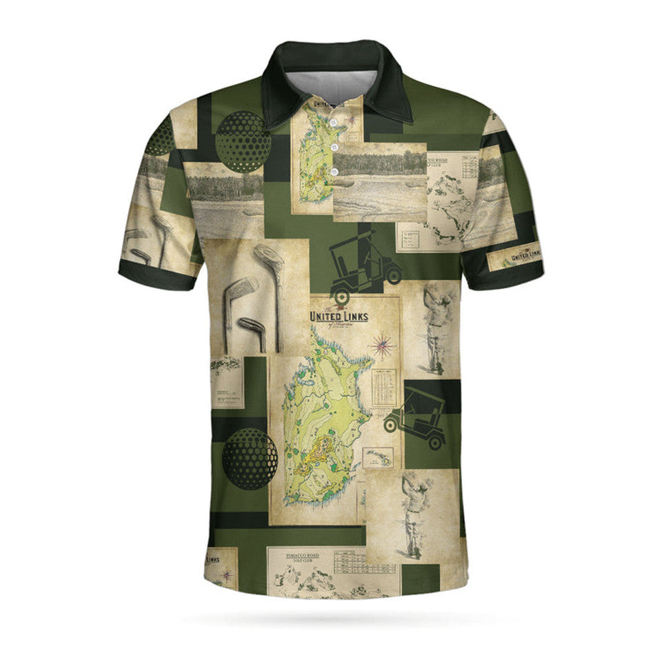Vintage Golf Art Map Sketch All Over Print Men's Polo Shirt S-5XL