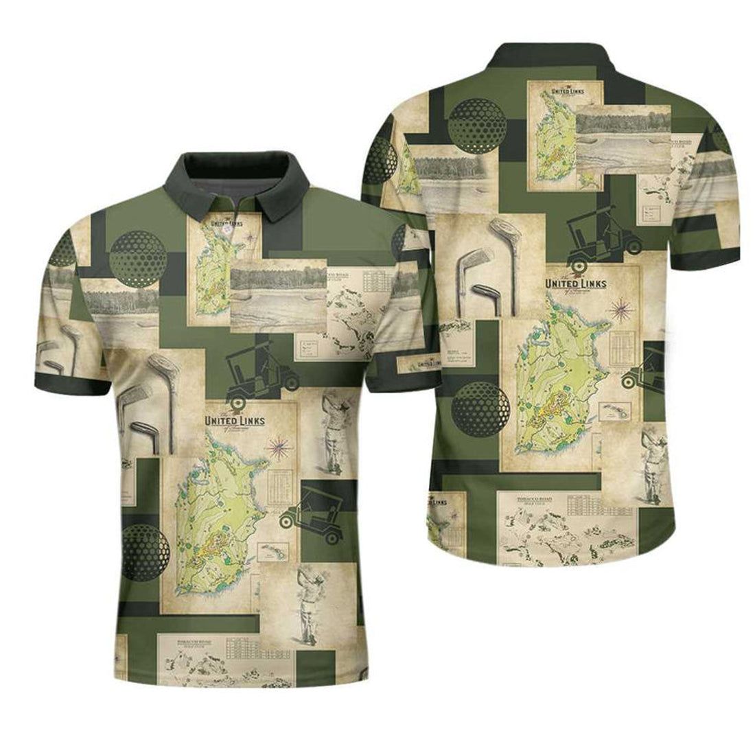 Vintage Golf Art Map Sketch All Over Print Men's Polo Shirt S-5XL