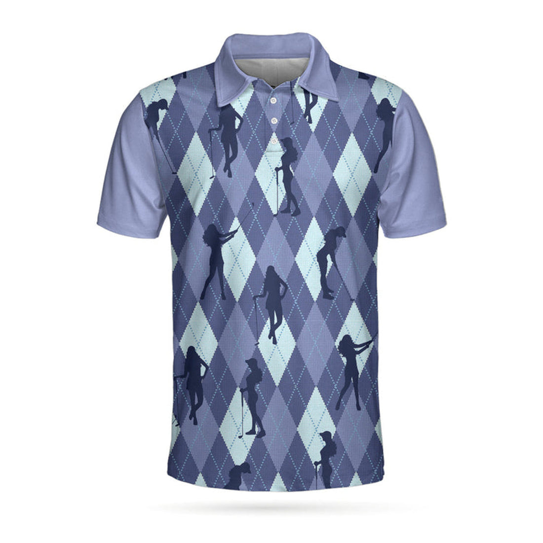 Vintage Blue Argyle Golf Shirt Girl Golfer Silhouette Men's Polo Shirt S-5XL