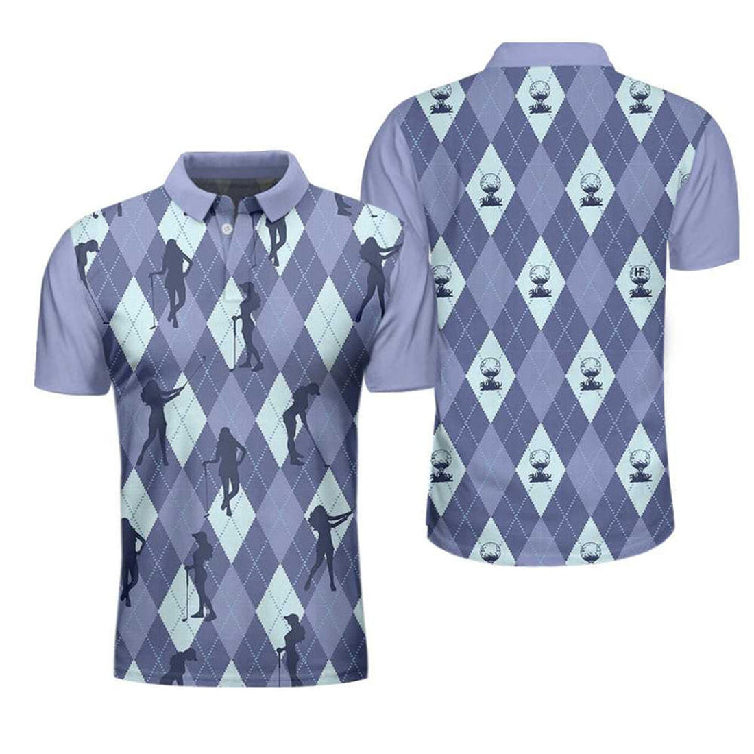 Vintage Blue Argyle Golf Shirt Girl Golfer Silhouette Men's Polo Shirt S-5XL