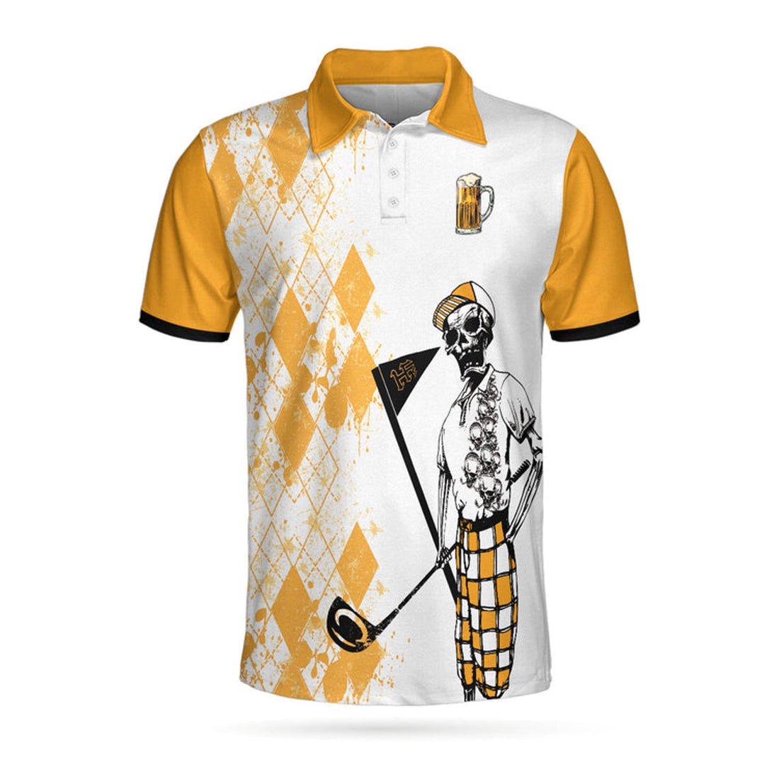 Custom Name Argyle Skeleton Golfer Beer Weekend Forecast Men's Polo Shirt S-5XL