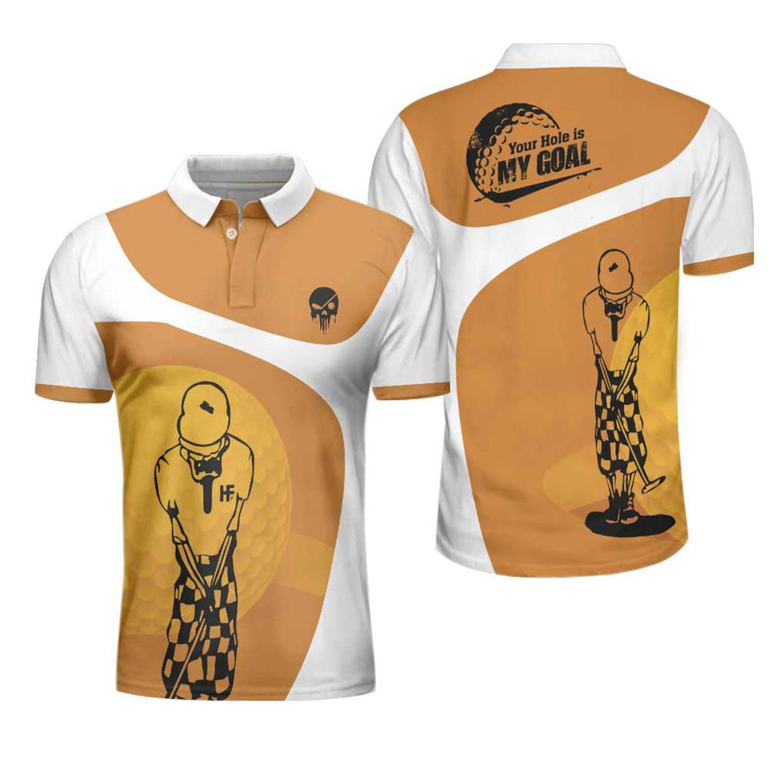 Your Hole Is My Goal Skull Light Brown Skeleton Golfer Men's Polo Shirt S-5XL