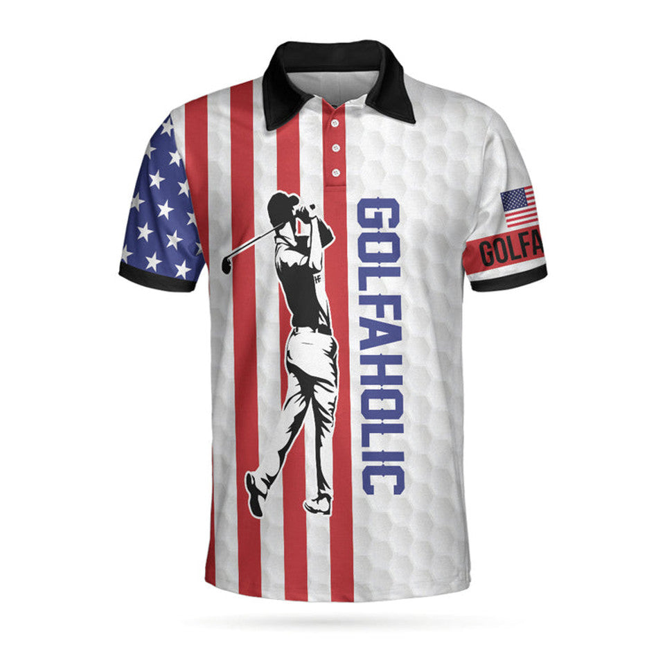 Custom Name Golfaholic American Flag Patriotic Golf Shirt Men's Polo Shirt S-5XL