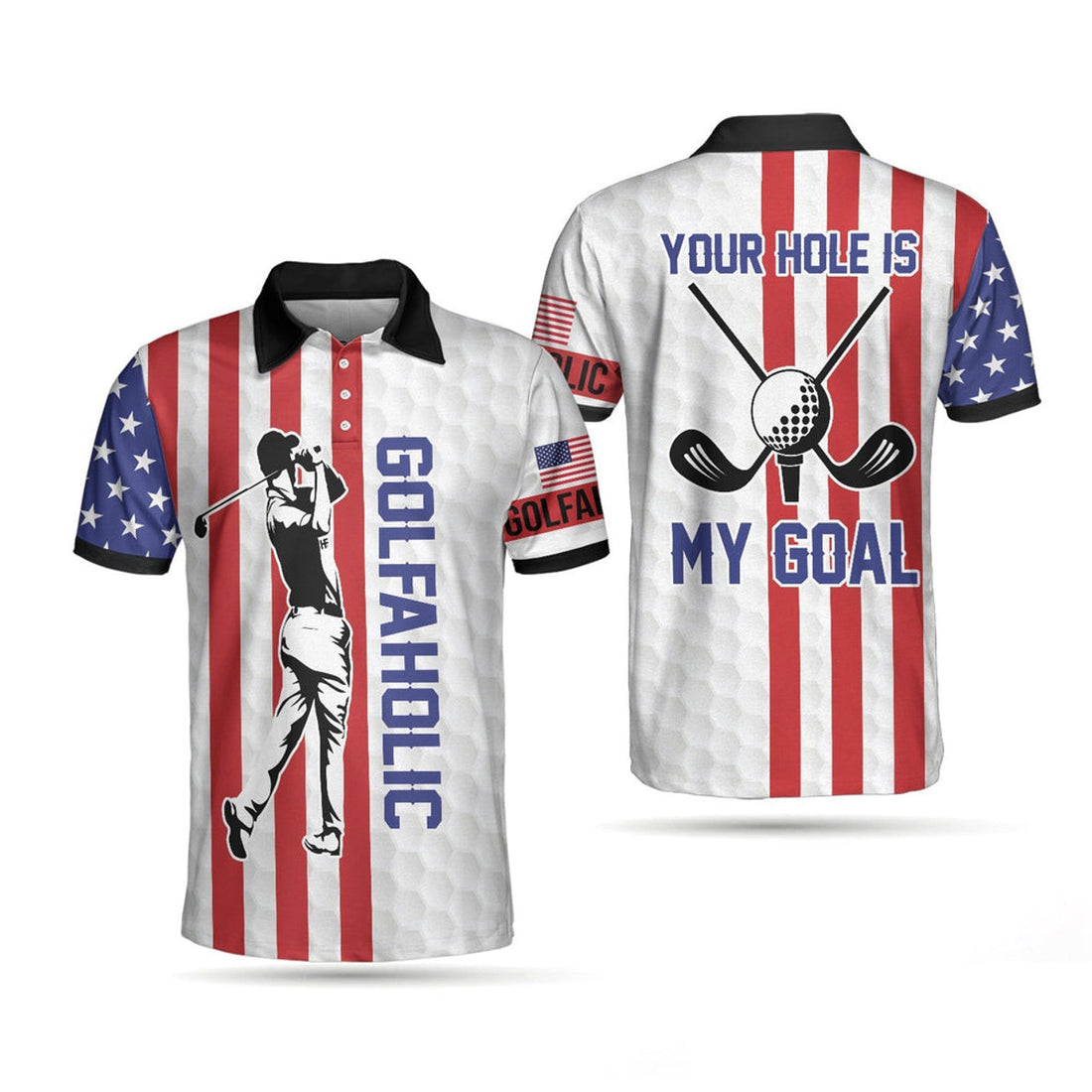 Custom Name Golfaholic American Flag Patriotic Golf Shirt Men's Polo Shirt S-5XL
