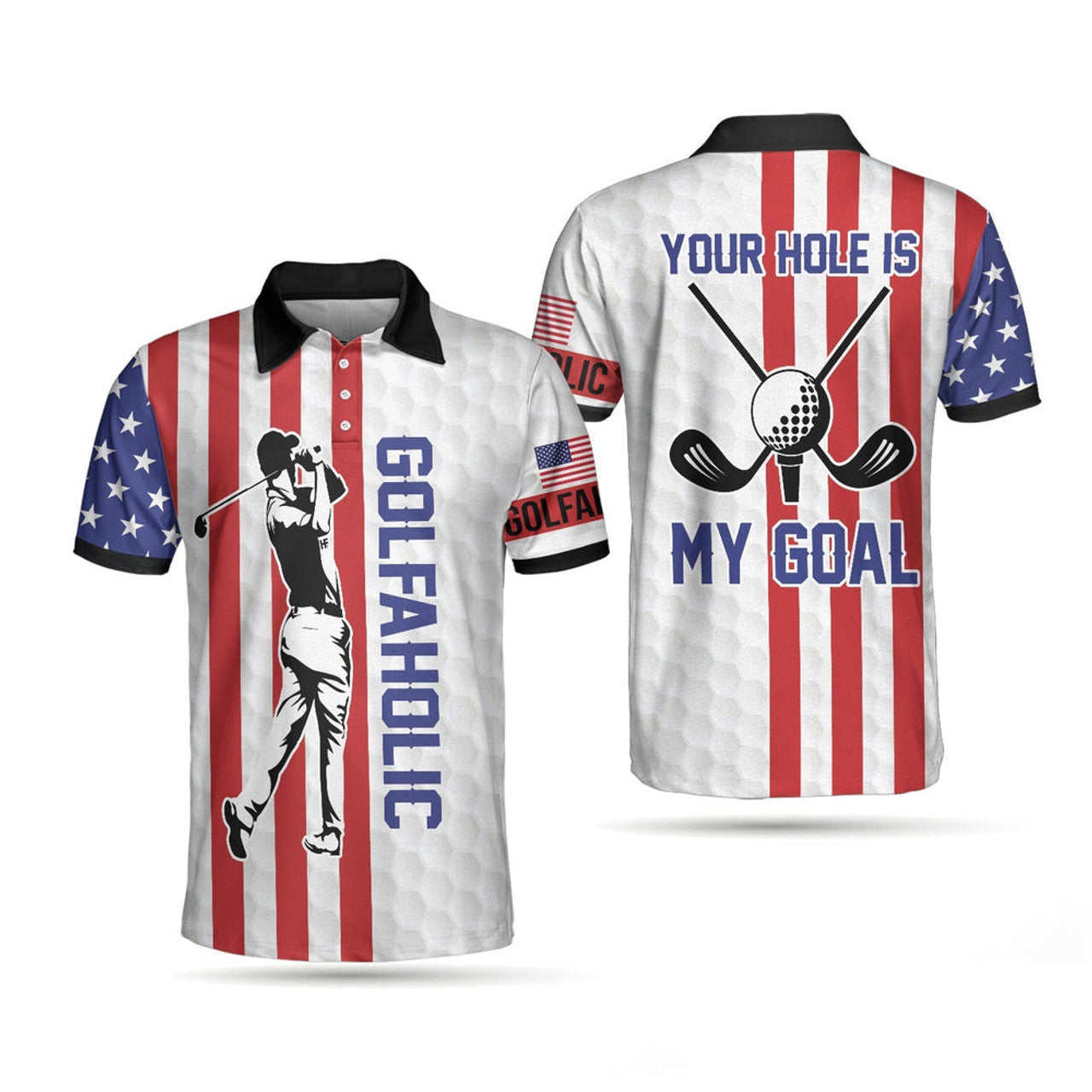 Custom Name Golfaholic American Flag Patriotic Golf Shirt Men's Polo Shirt S-5XL