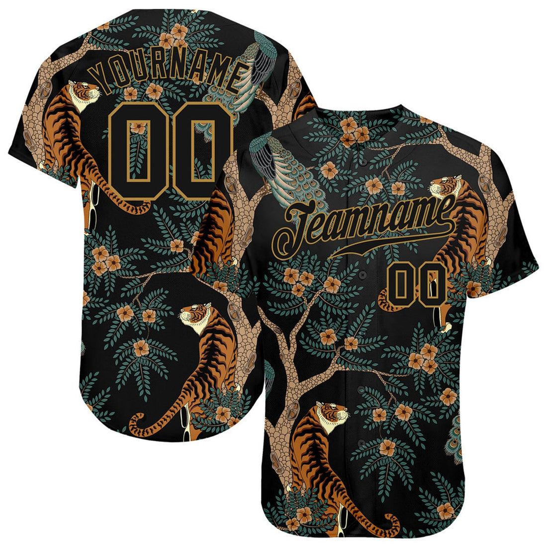 Custom Old Gold 3D Tiger Peacock Design Baseball Jersey S-5XL