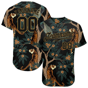 Custom Old Gold 3D Tiger Peacock Design Baseball Jersey S-5XL