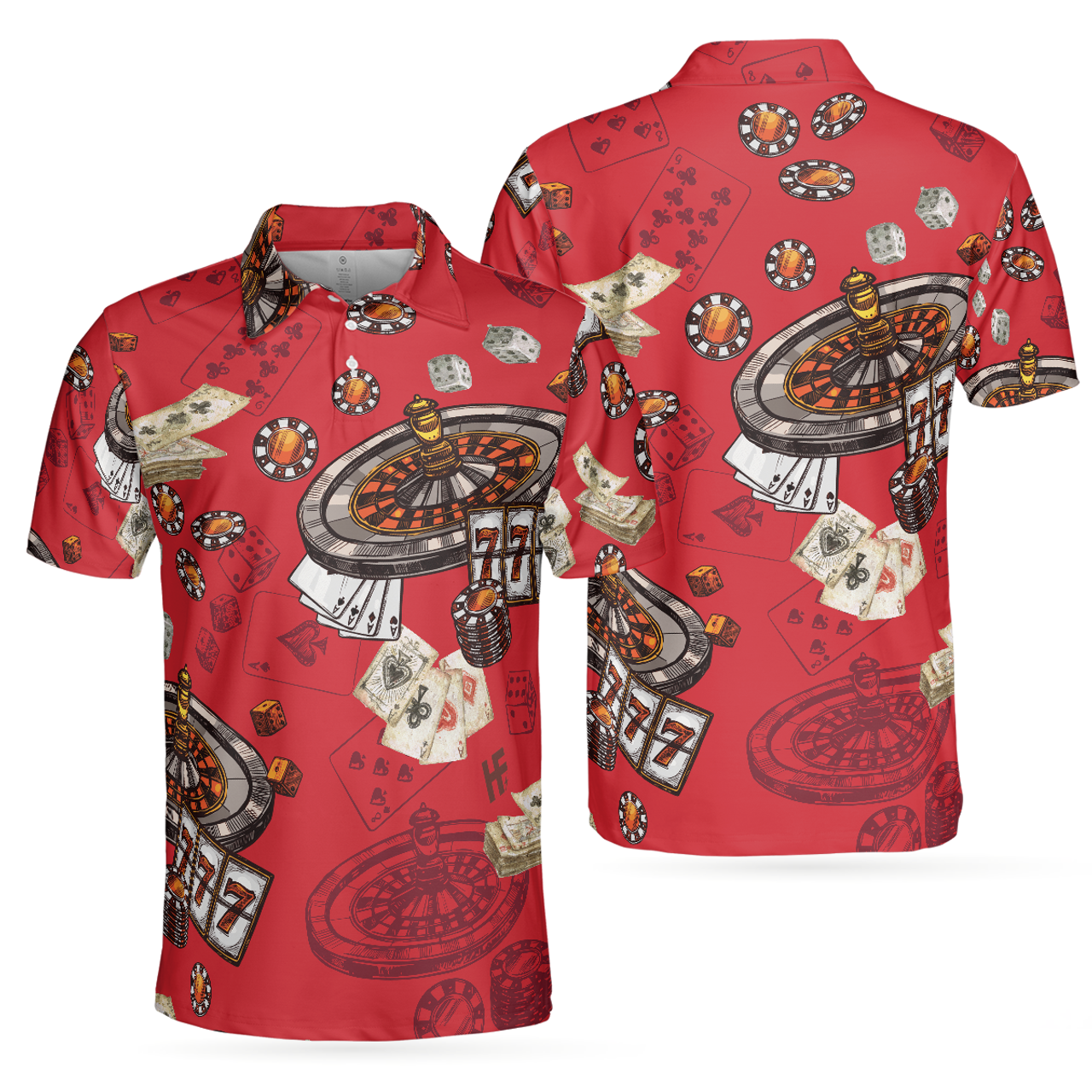 Casino Pattern Red Short Sleeve Roulette Wheel Design Men's Polo Shirt S-5XL