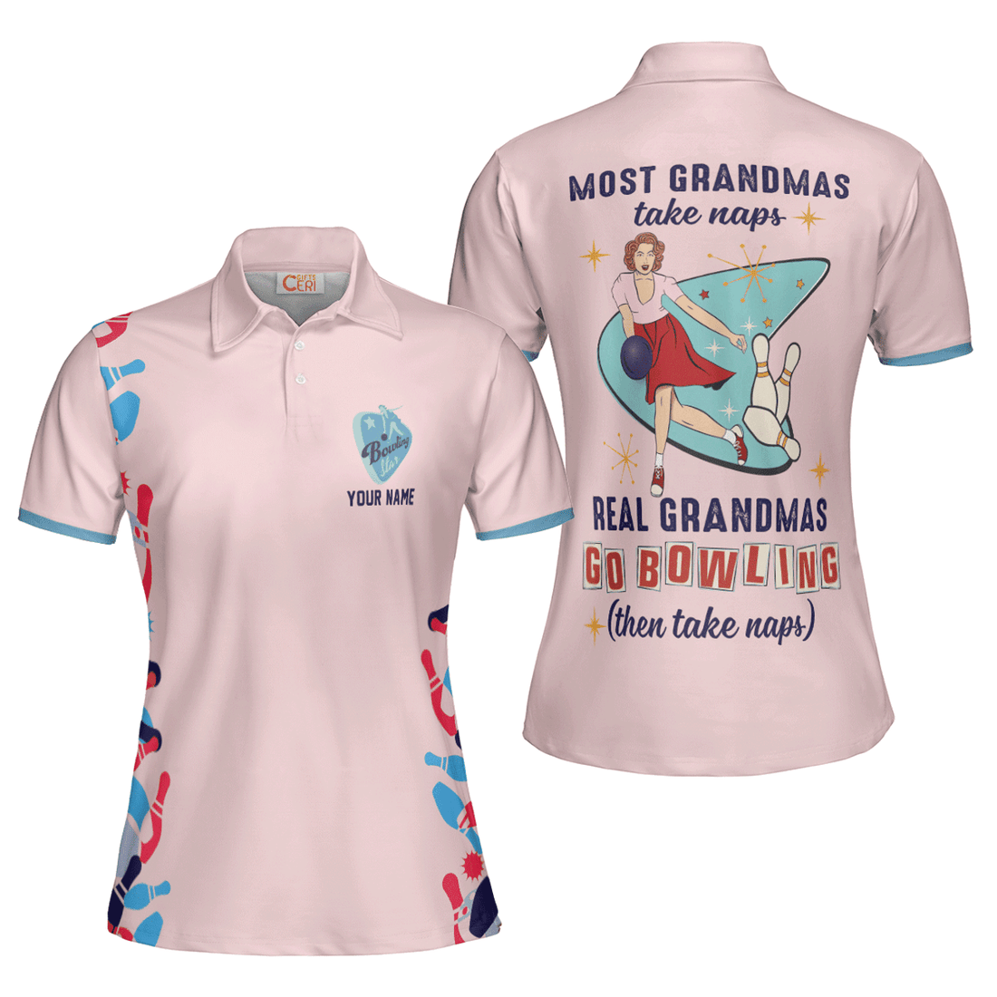 Custom Real Grandmas Go Bowling Short Sleeve Women Polo Shirt, Custom Name Bowling Shirt, Pink Grandma Bowling Shirt - Best Bowling Gift For Women Women' s Polo Shirt S -5XL