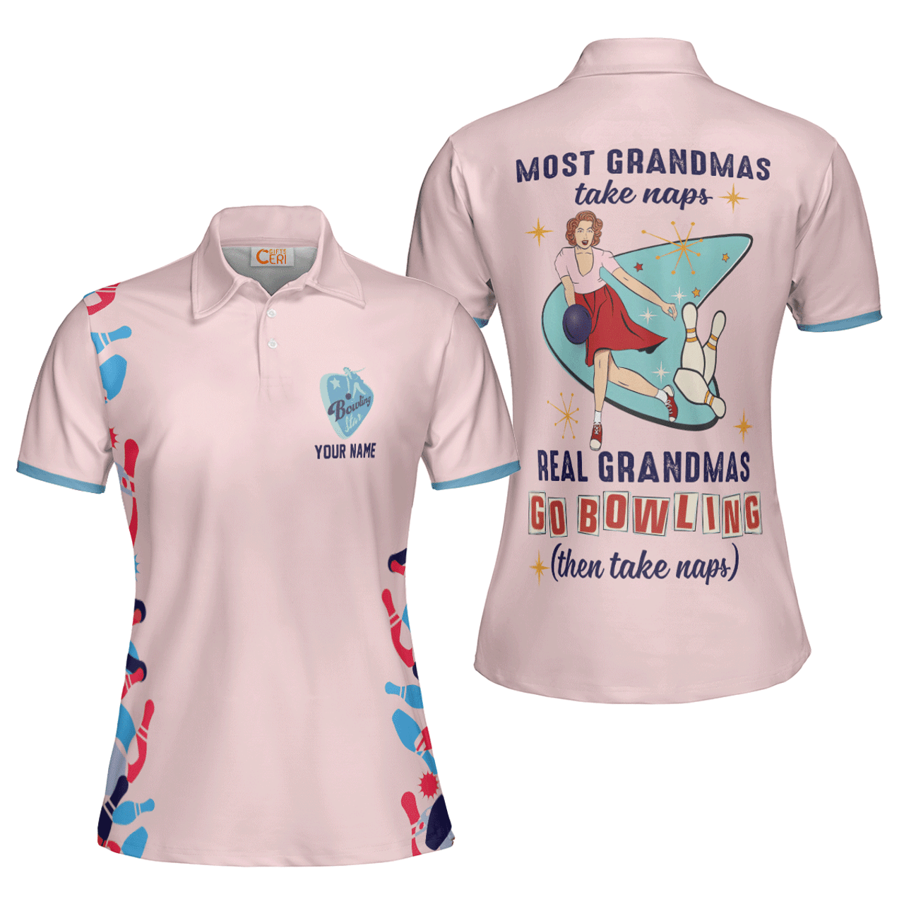 Custom Real Grandmas Go Bowling Short Sleeve Women Polo Shirt, Custom Name Bowling Shirt, Pink Grandma Bowling Shirt - Best Bowling Gift For Women Women' s Polo Shirt S -5XL