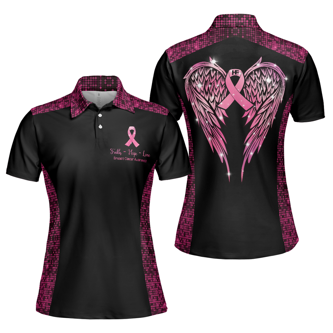 Faith Hope Love Angel Wings Breast Awareness Ribbon Women's Polo Shirts S-5XL