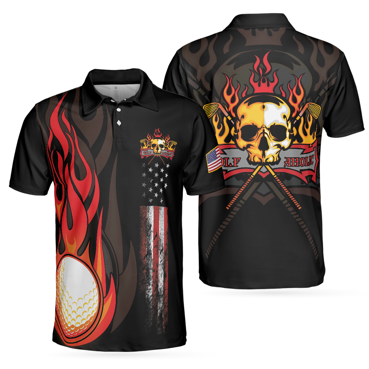 Cool Golf Flame Skull Black American Flag Shirt Men's Polo Shirt S-5XL