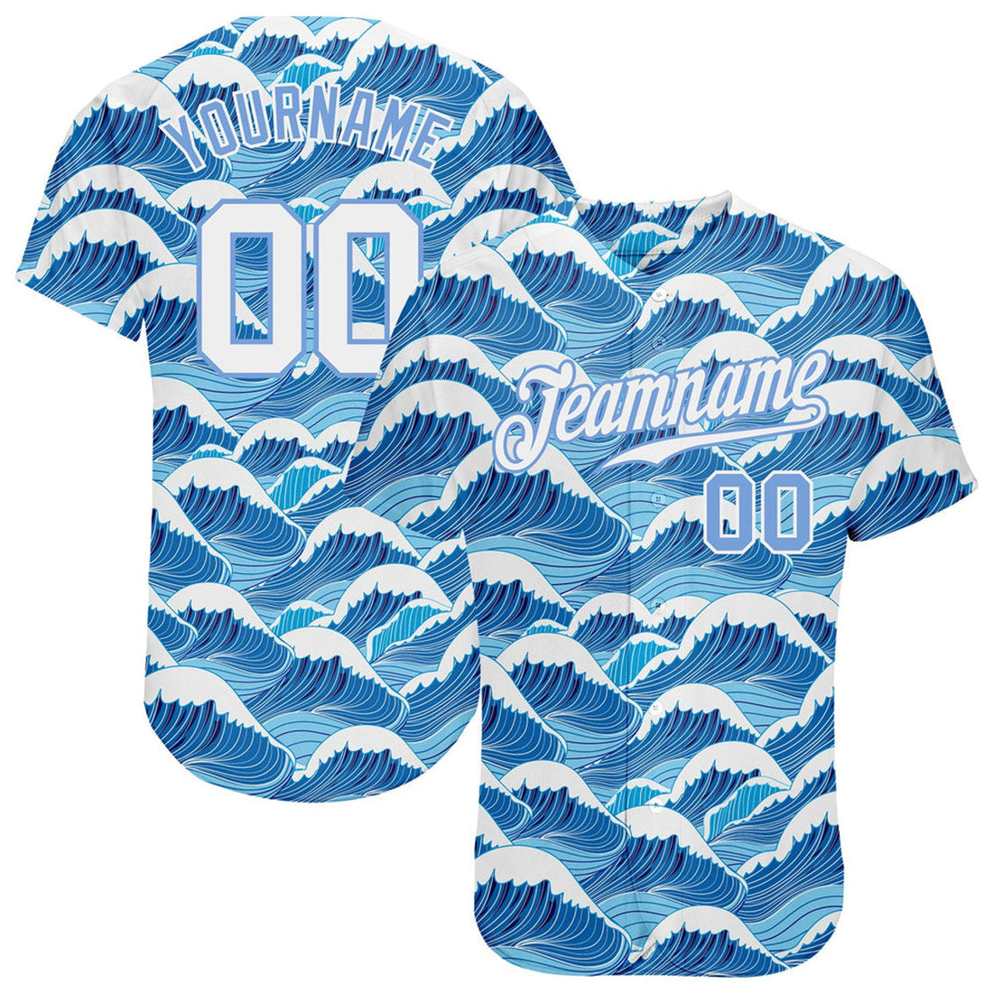 Custom Light Blue White 3D Waves Design Baseball Jersey S-5XL