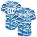 Custom Light Blue White 3D Waves Design Baseball Jersey S-5XL