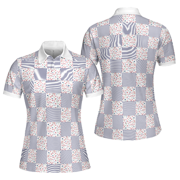 Little Flowers Blue Pink Plaid Golf Short Sleeve Women's Polo Shirts S-5XL