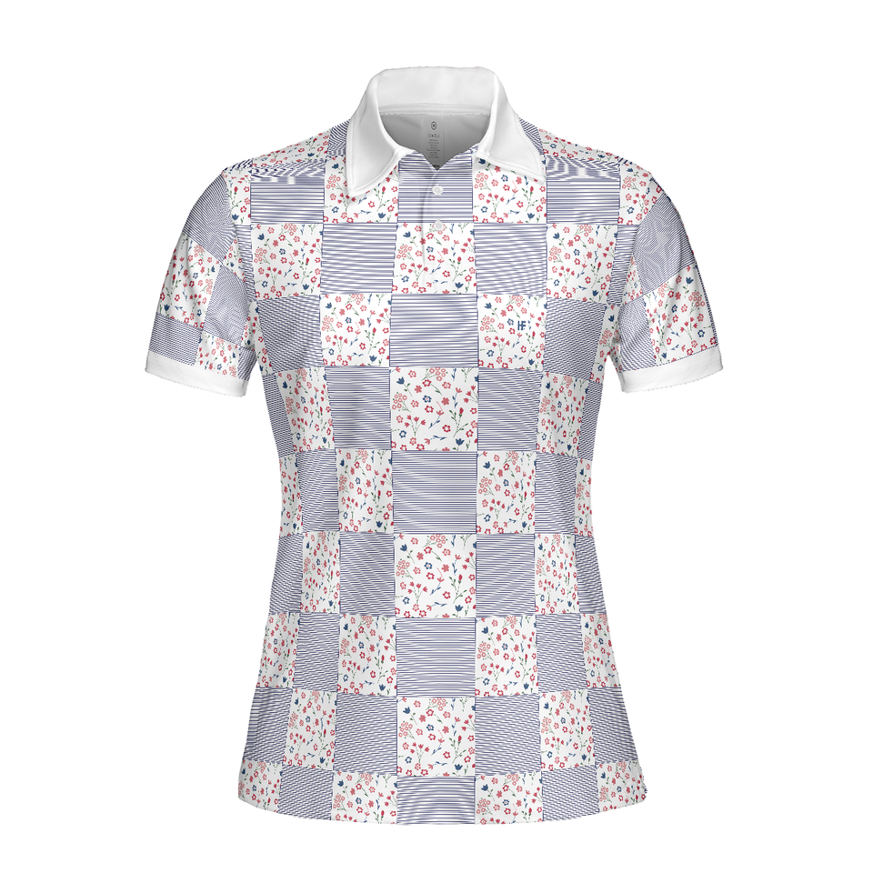 Little Flowers Blue Pink Plaid Golf Short Sleeve Women's Polo Shirts S-5XL