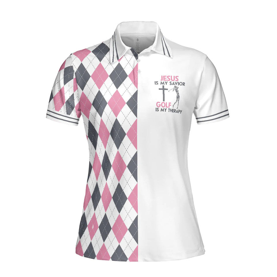 Jesus Is My Savior Golf Is My Therapy Argyle Pattern Women's Polo Shirts S-5XL