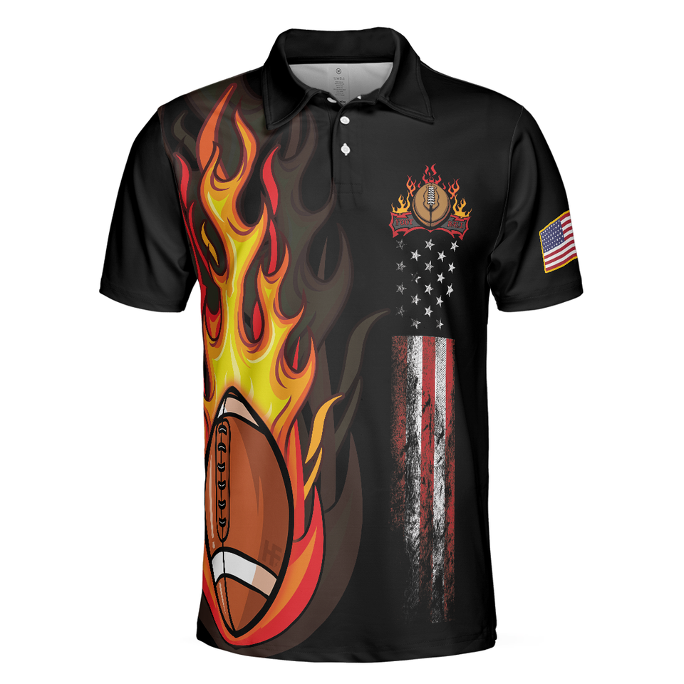Flame American Football Black Men's Polo Shirt American Flag Football Polo Shirt