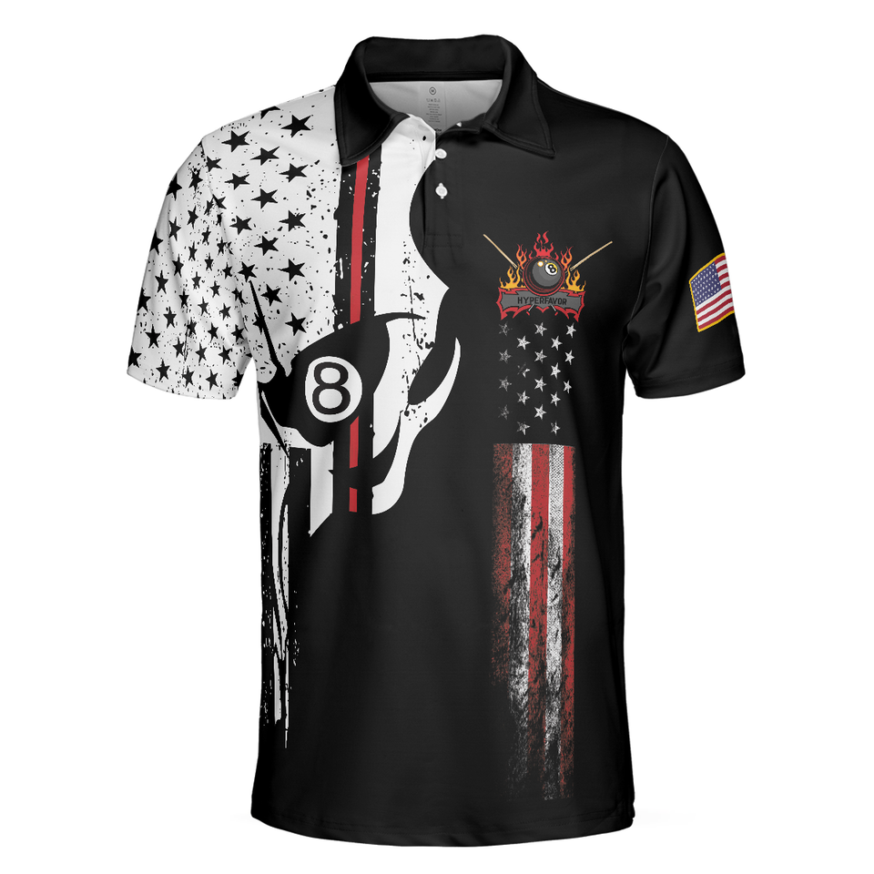 Skull Billiards Pool Polo Shirt American Flag Patriotic Men's Polo Shirt S-5XL