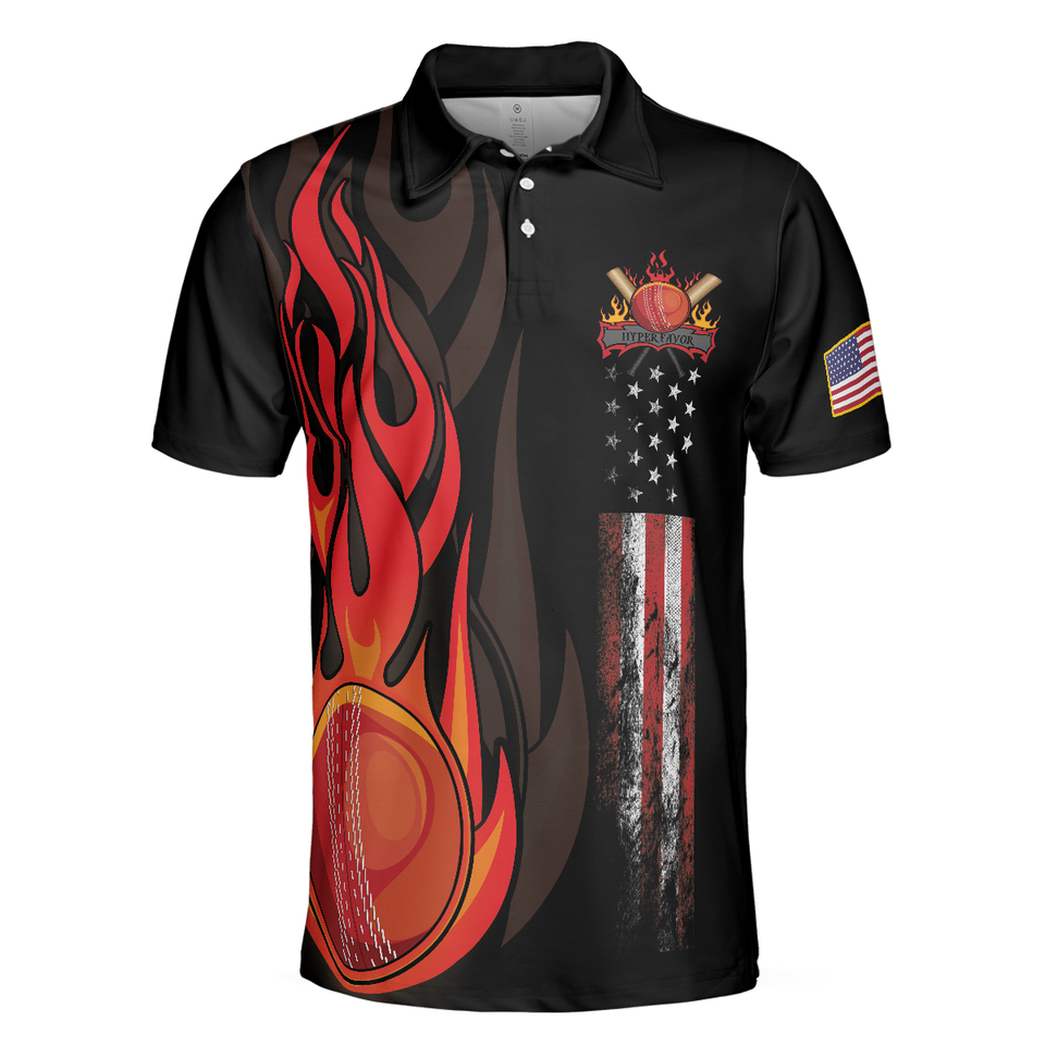 Cricket Flame Sleeve American Flag Best Gift For Golfers Men's Polo Shirt S-5XL