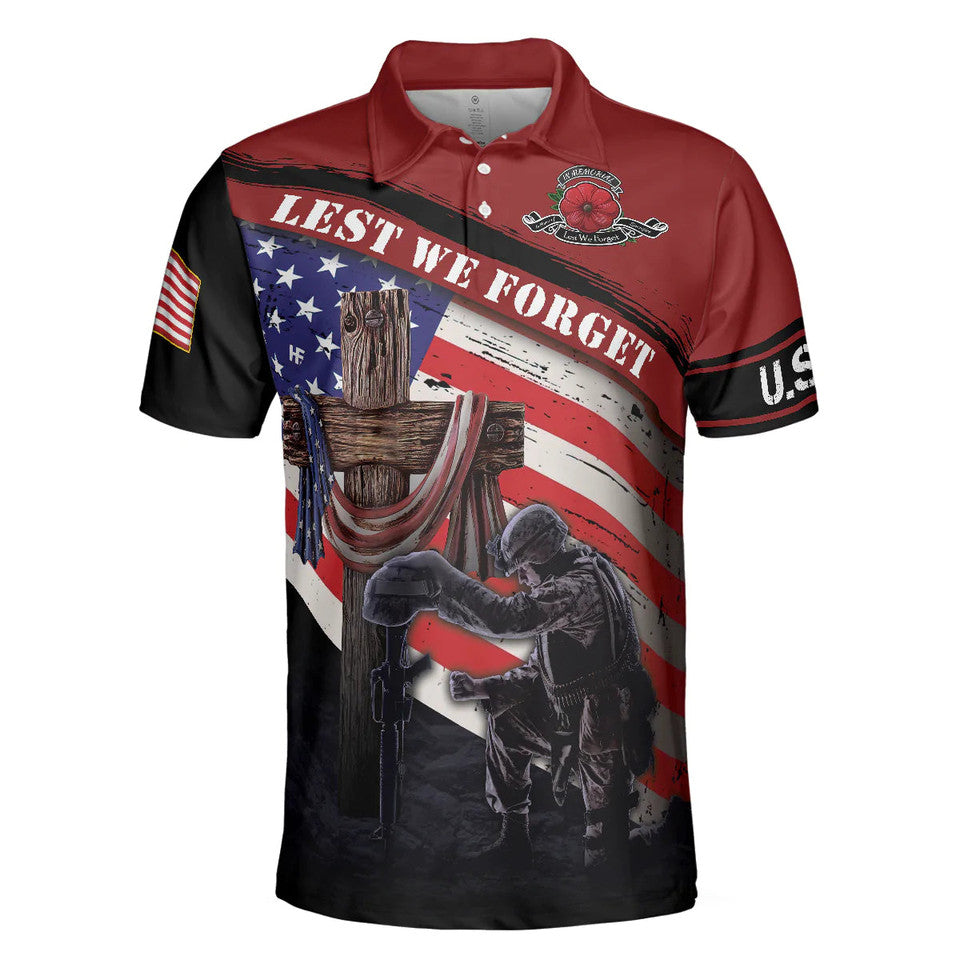 Lest We Forget USA Flag Wooden Cross Gift for Veterans Men's Polo Shirt S-5XL