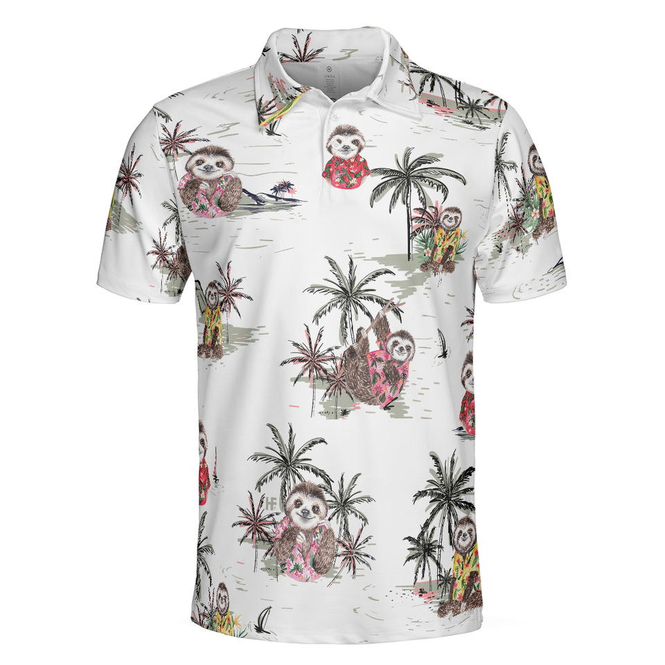Cute Sloth With Plants White Tropical Sloth Summer Shirt Men's Polo Shirt S-5XL