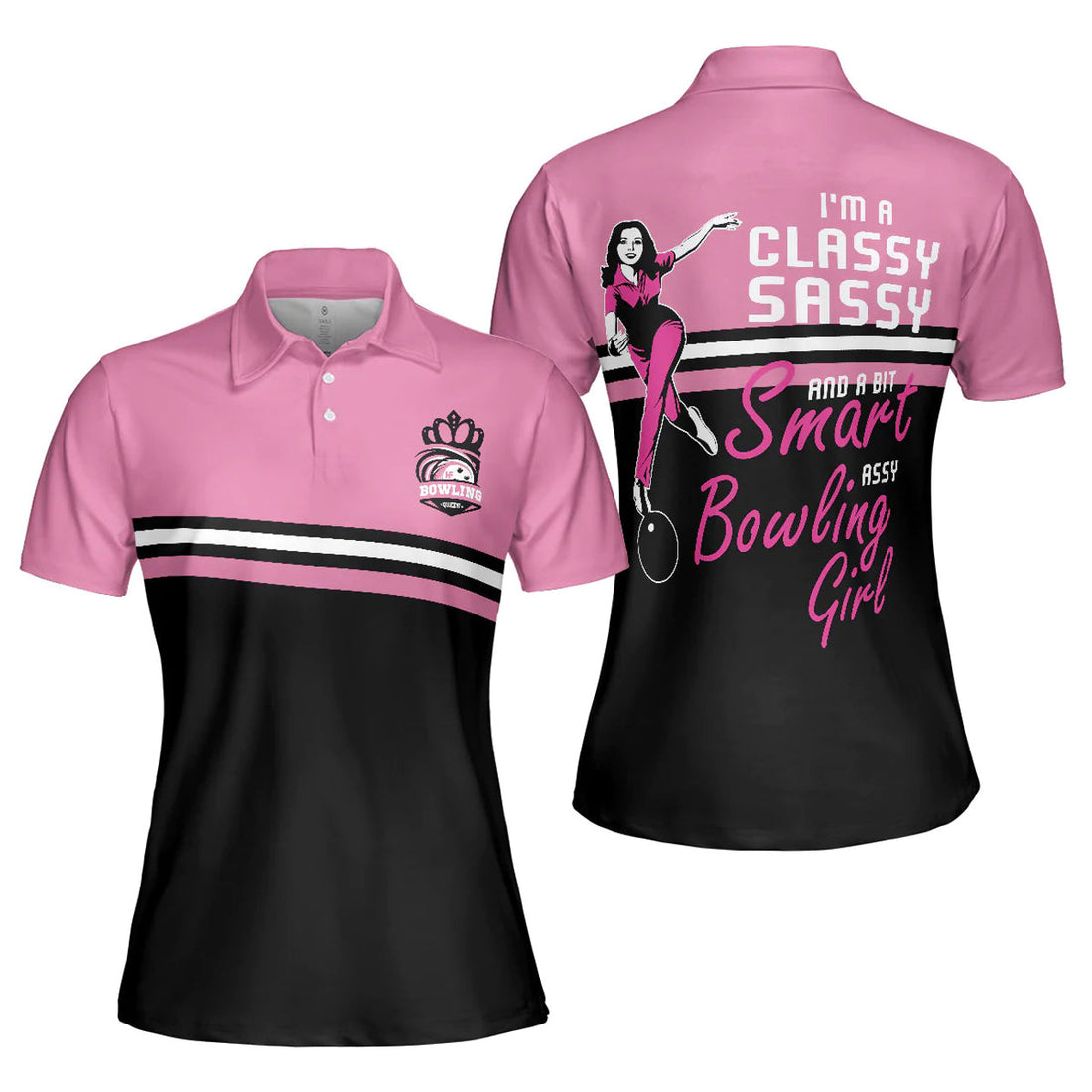 Black and Pink Classy Sassy Gift for Bowling Lovers Women's Polo Shirts S-5XL