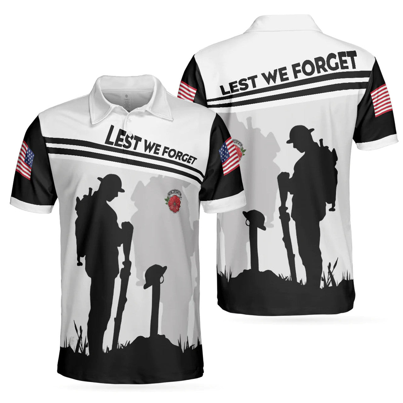 Military Veteran American Flag Shirt Lest We Forget Patriot Men's Polo Shirt