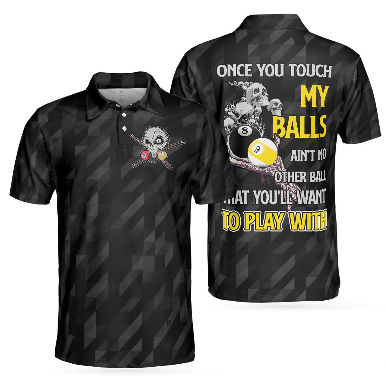 Billiards Once You Touch My Balls Funny Shirt Black Skull Men's Polo Shirt