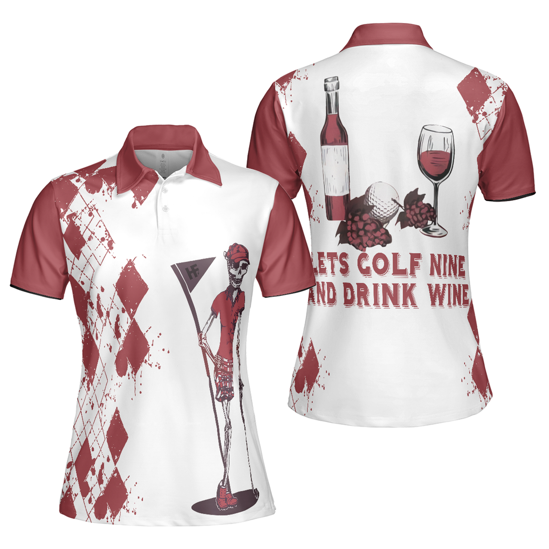 Golf And Wine Skeleton Argyle Pattern Short Sleeve Ladies Women's Polo Shirts S-5XL