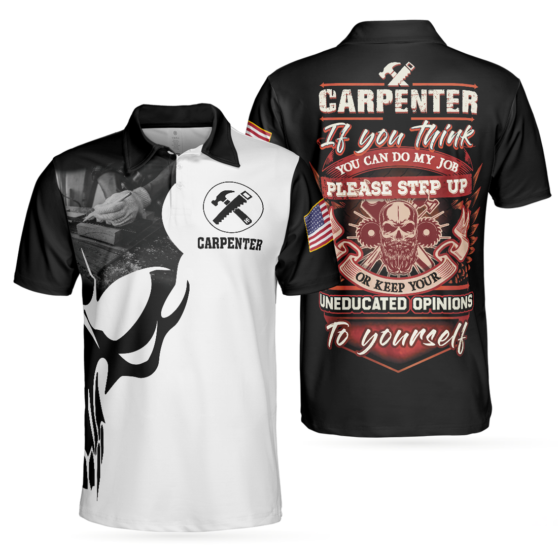Carpenter Proud Skull Black And White American Flag Shirt Men's Polo Shirt S-5XL