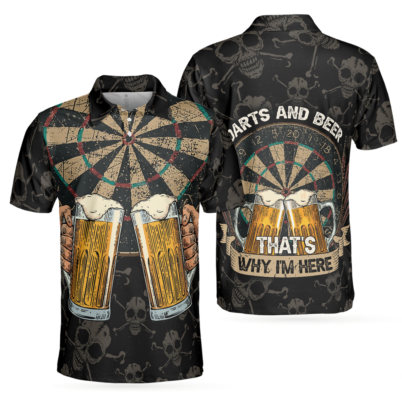 Custom Name Darts And Beer That's Why I'm Here Skull Print Men's Polo Shirt S-5XL