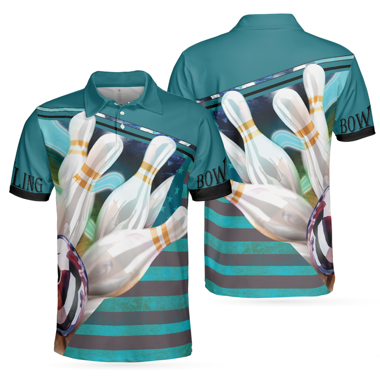 Custom Name Love Bowling Blue American Flag Men's Polo Shirt S-5XL