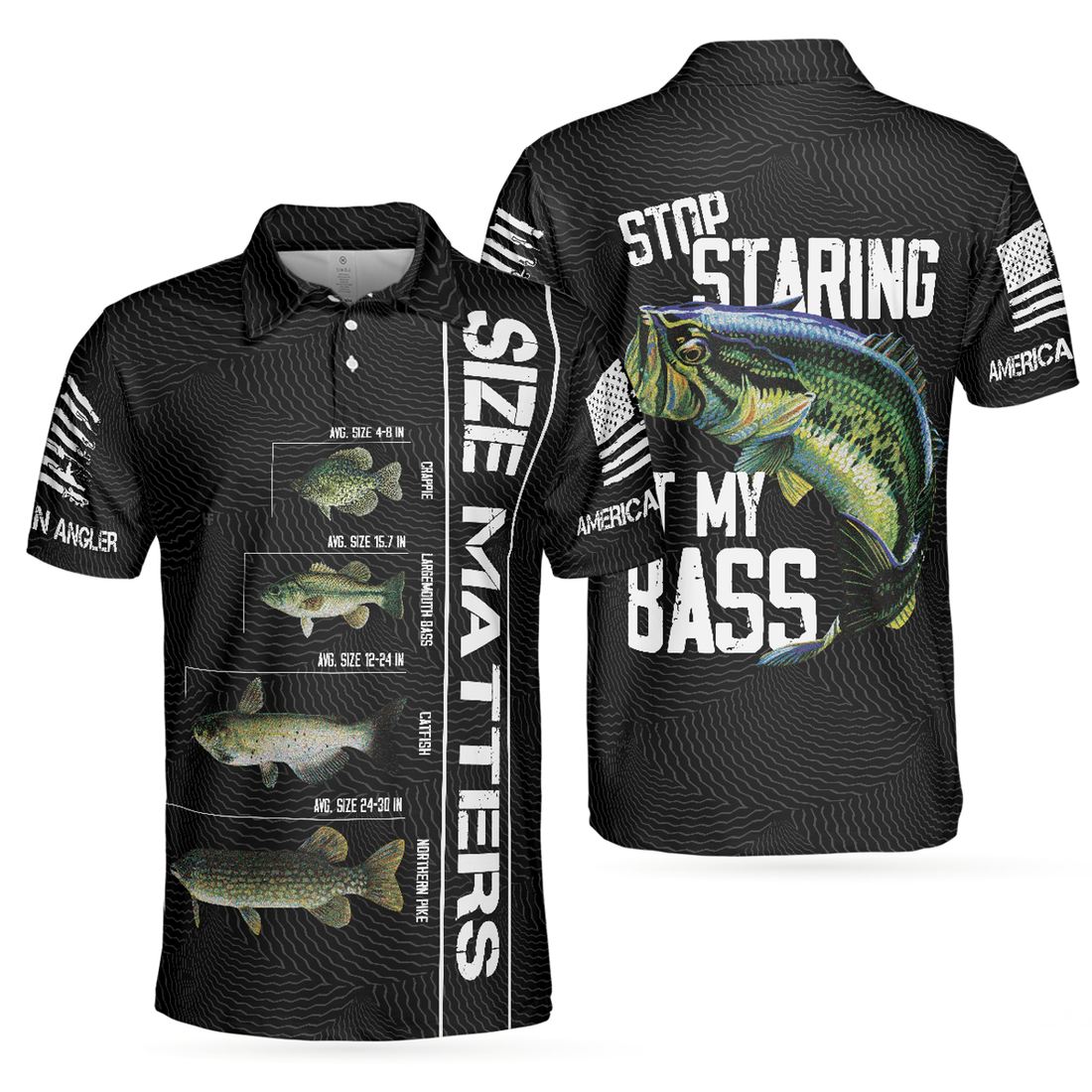 Funny Size Matters Stop Staring At My Bass American Flag Men's Polo Shirt
