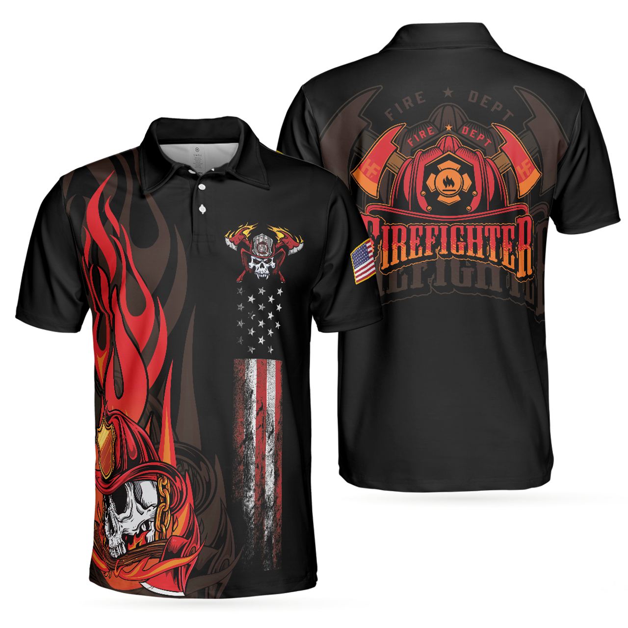 Firefighter Skull Flame Short Sleeve Black American Flag Men's Polo Shirt Gift