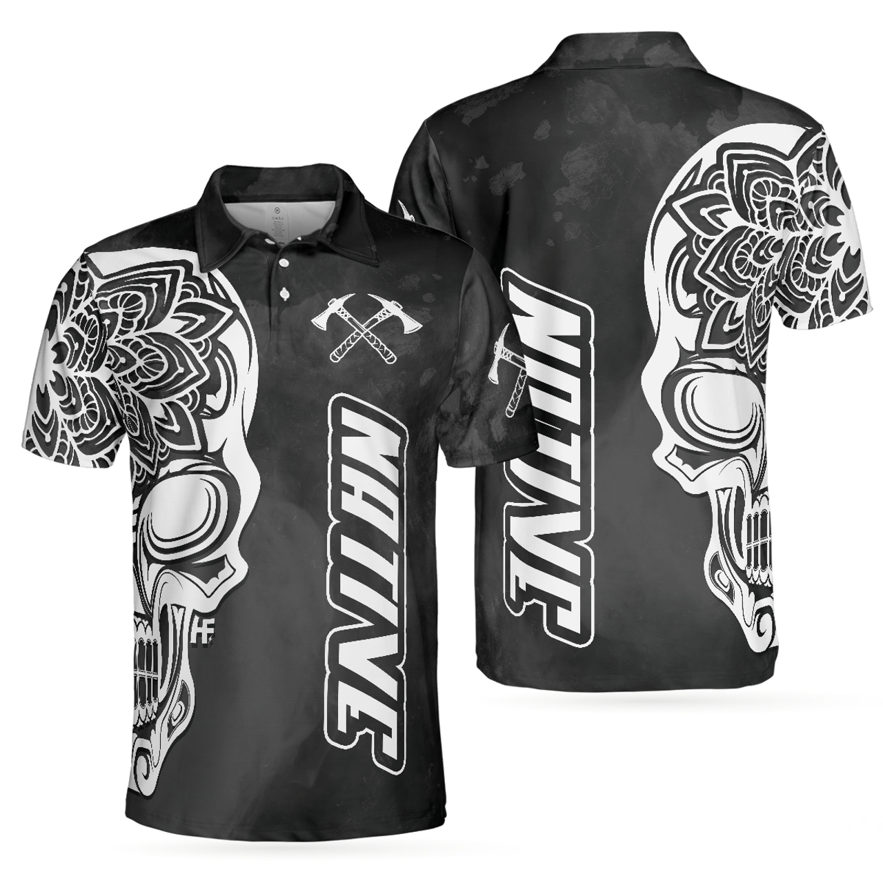 Aged Worn Haida Native Skull Mandala Design Men's Polo Shirt S-5XL