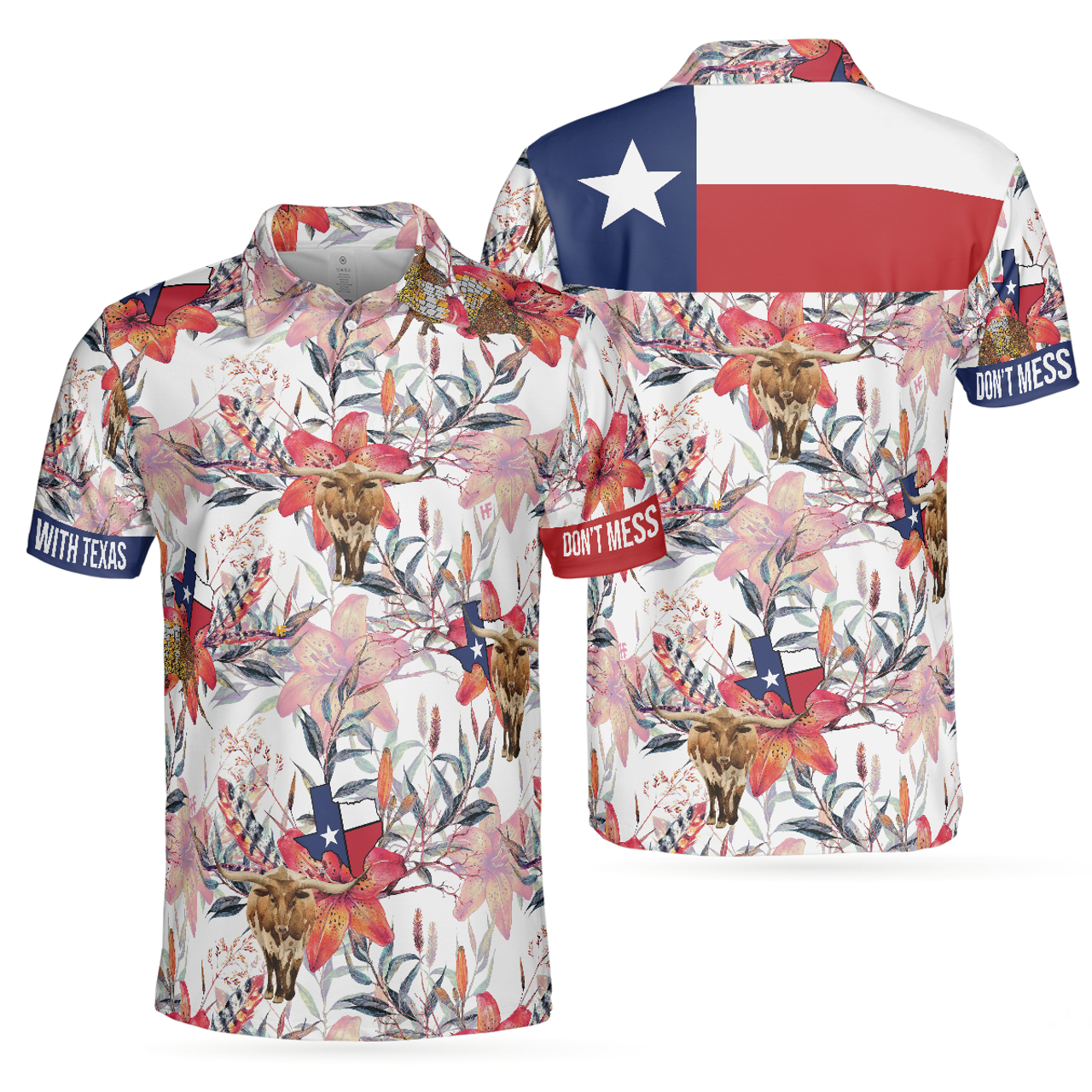 Texas Longhorn Bluebonnet Armadillo Floral State Proud Men's Polo Shirt S-5XL