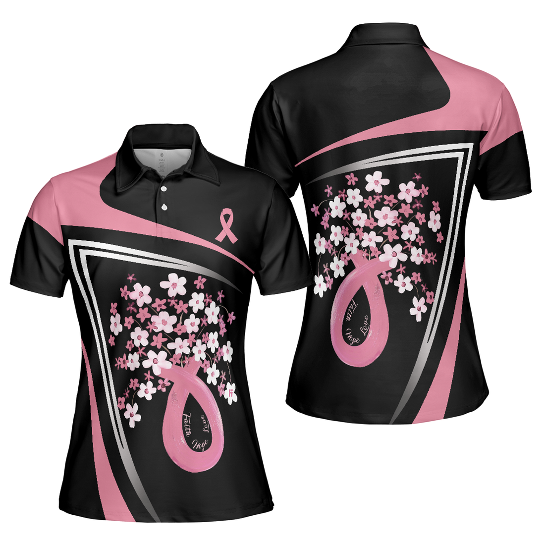Flowers Faith Hope Love Pink Breast Awareness Ladies Women's Polo Shirts S-5XL