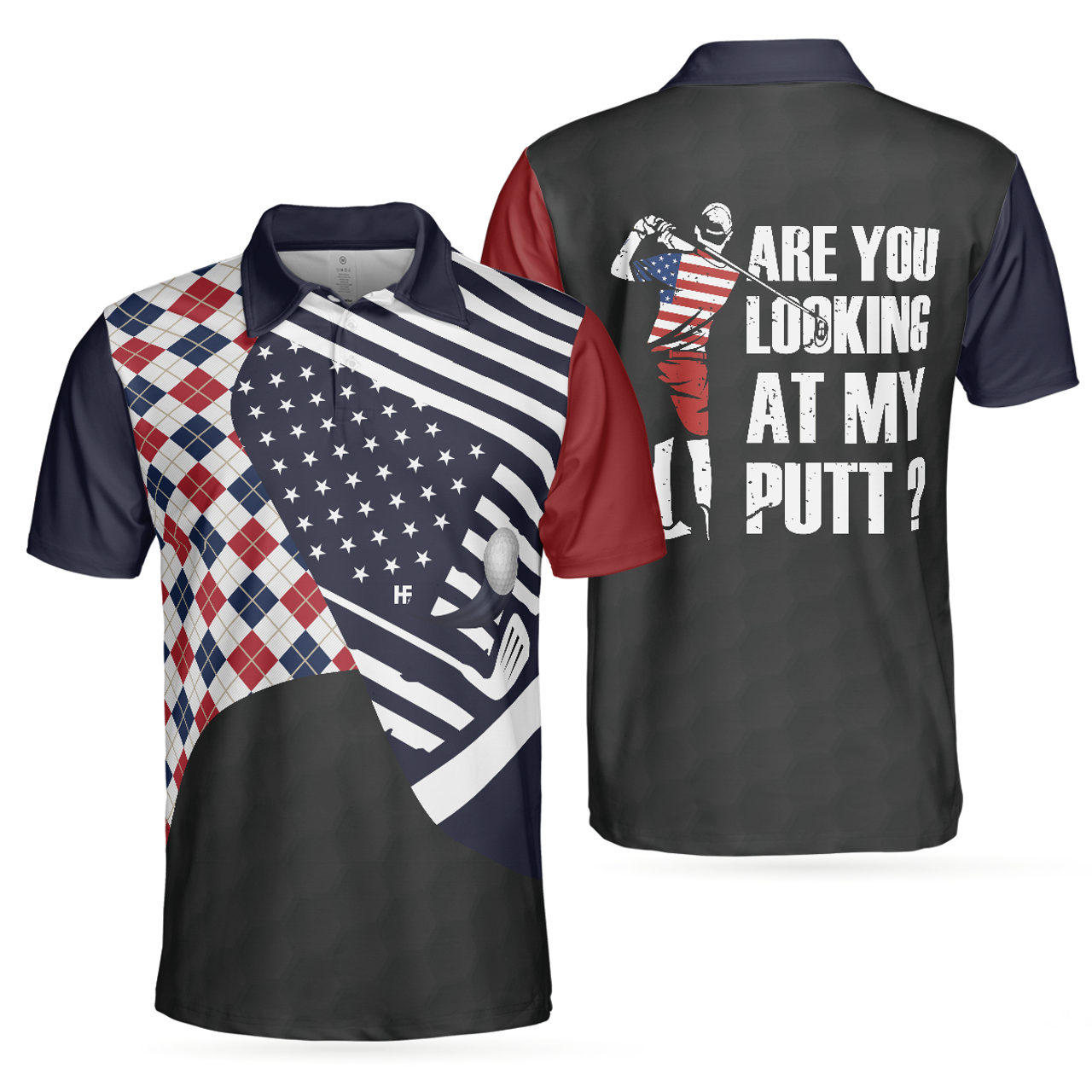 Argyle Pattern USA Flag Are You Looking At My Putt Golf Shirt Men's Polo Shirt