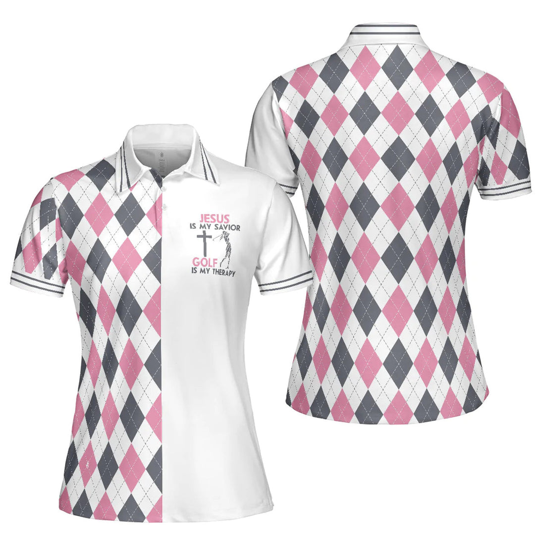 Jesus Is My Savior Golf Is My Therapy Argyle Pattern Women's Polo Shirts S-5XL