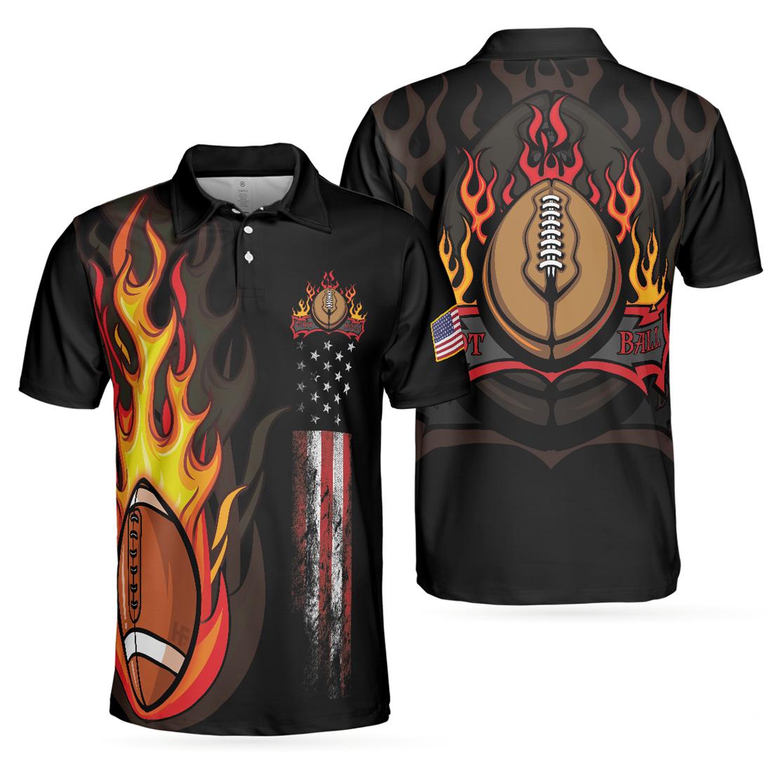 Flame American Football Black Men's Polo Shirt American Flag Football Polo Shirt