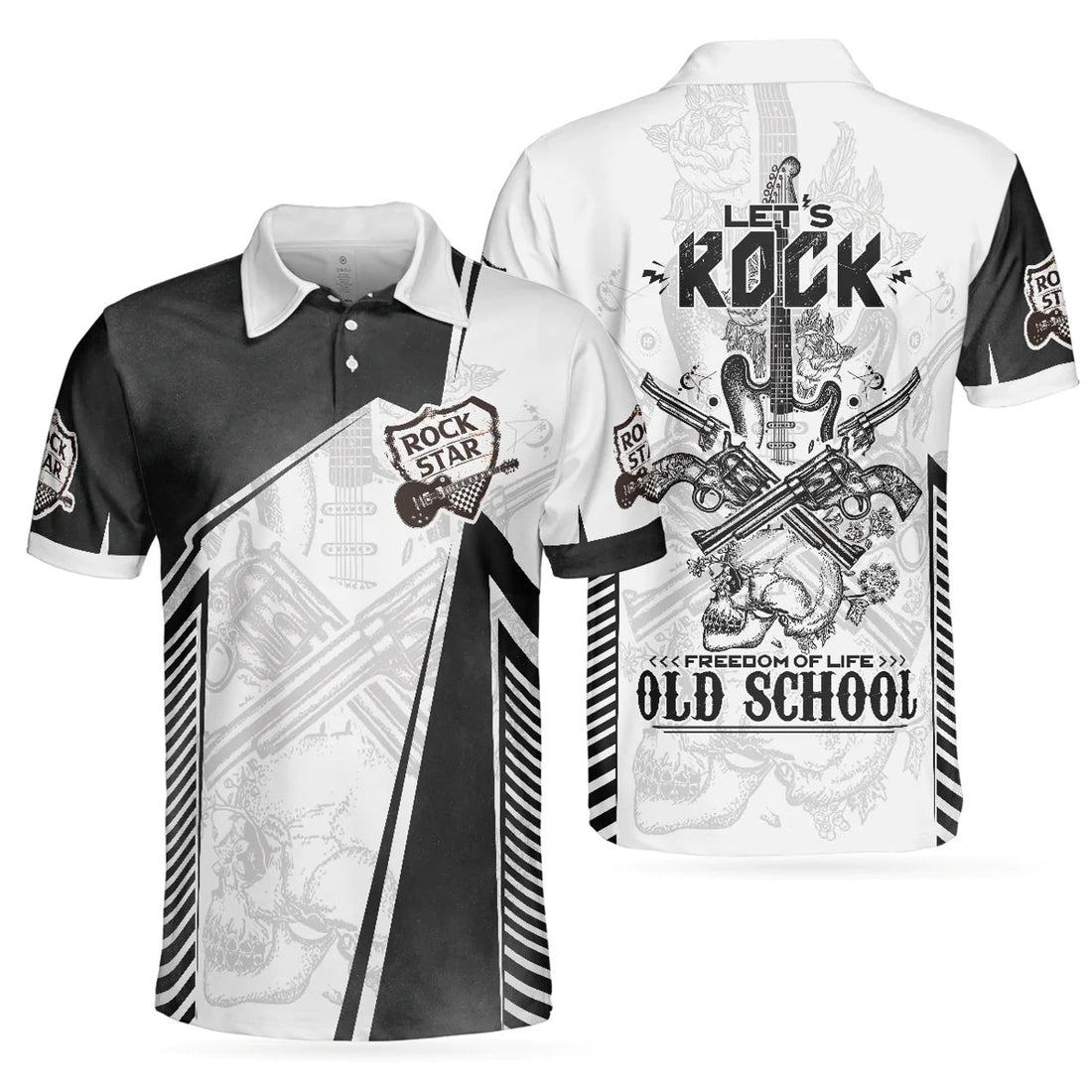 Black And White Guitar Let's Rock Freedom Life Old School Men's Polo Shirt S-5XL