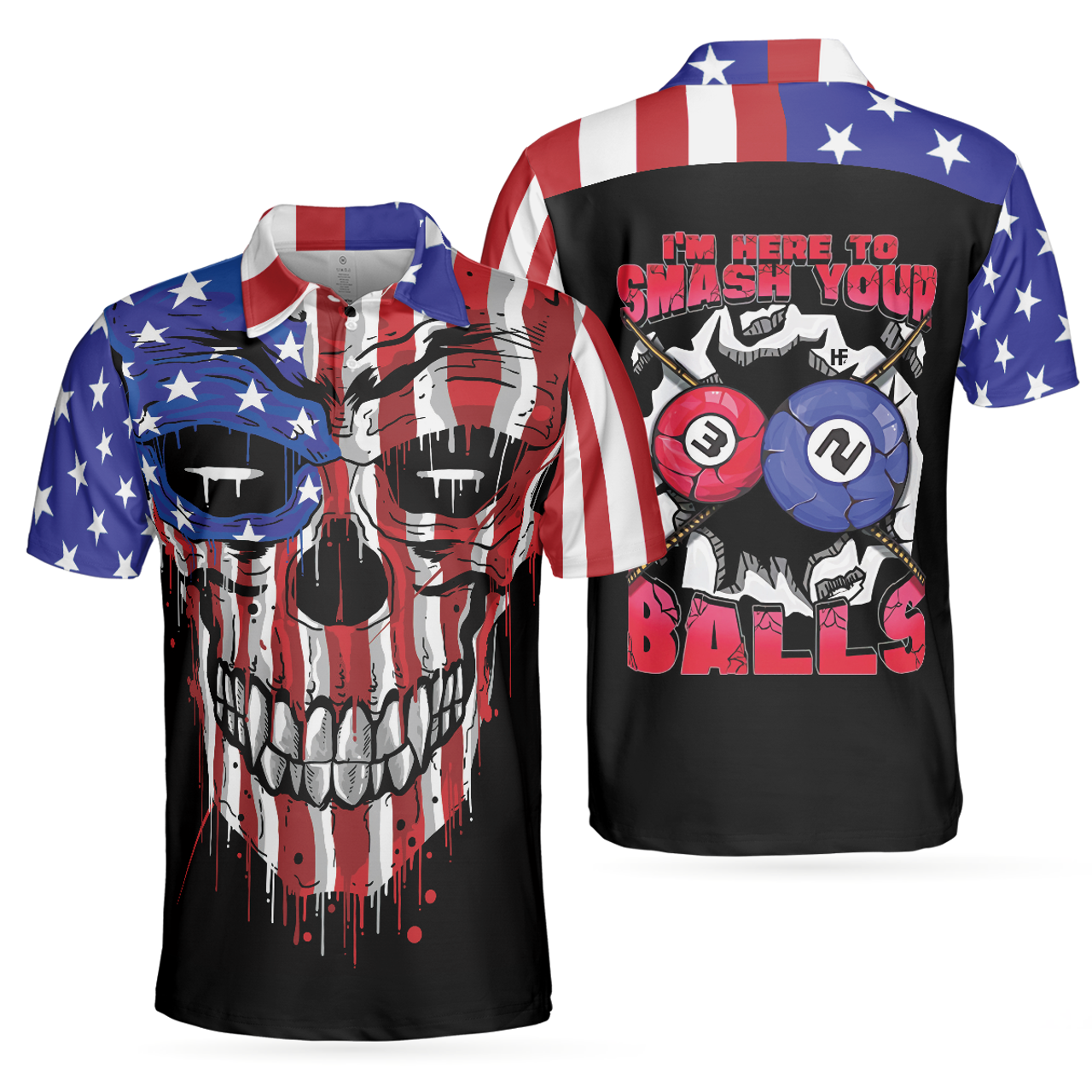 I'm Here To Smash Your Balls Billiards American Flag Skull Men's Polo Shirt