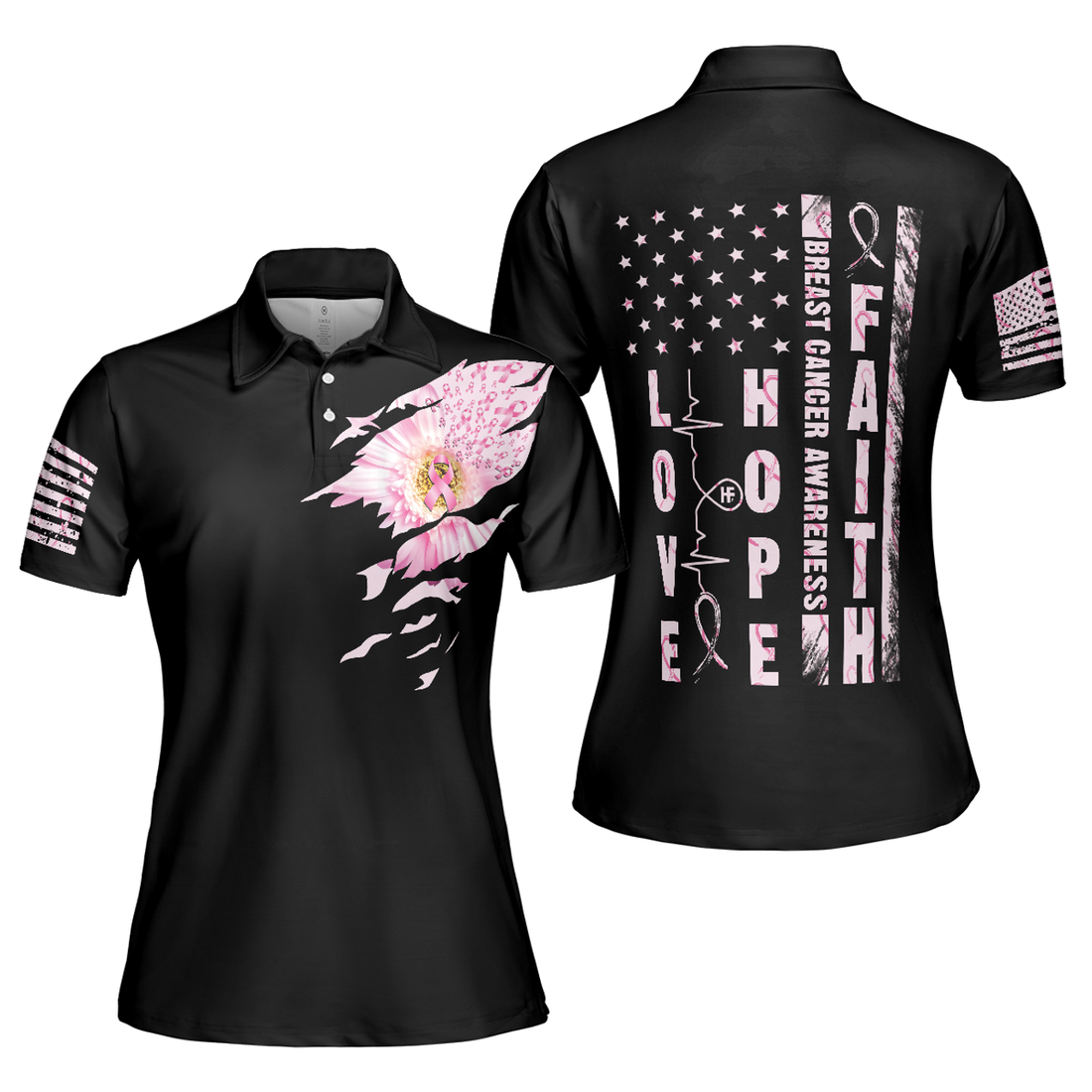 Flower America Flag Breast Awareness Faith Hope Love Women's Polo Shirts S-5XL