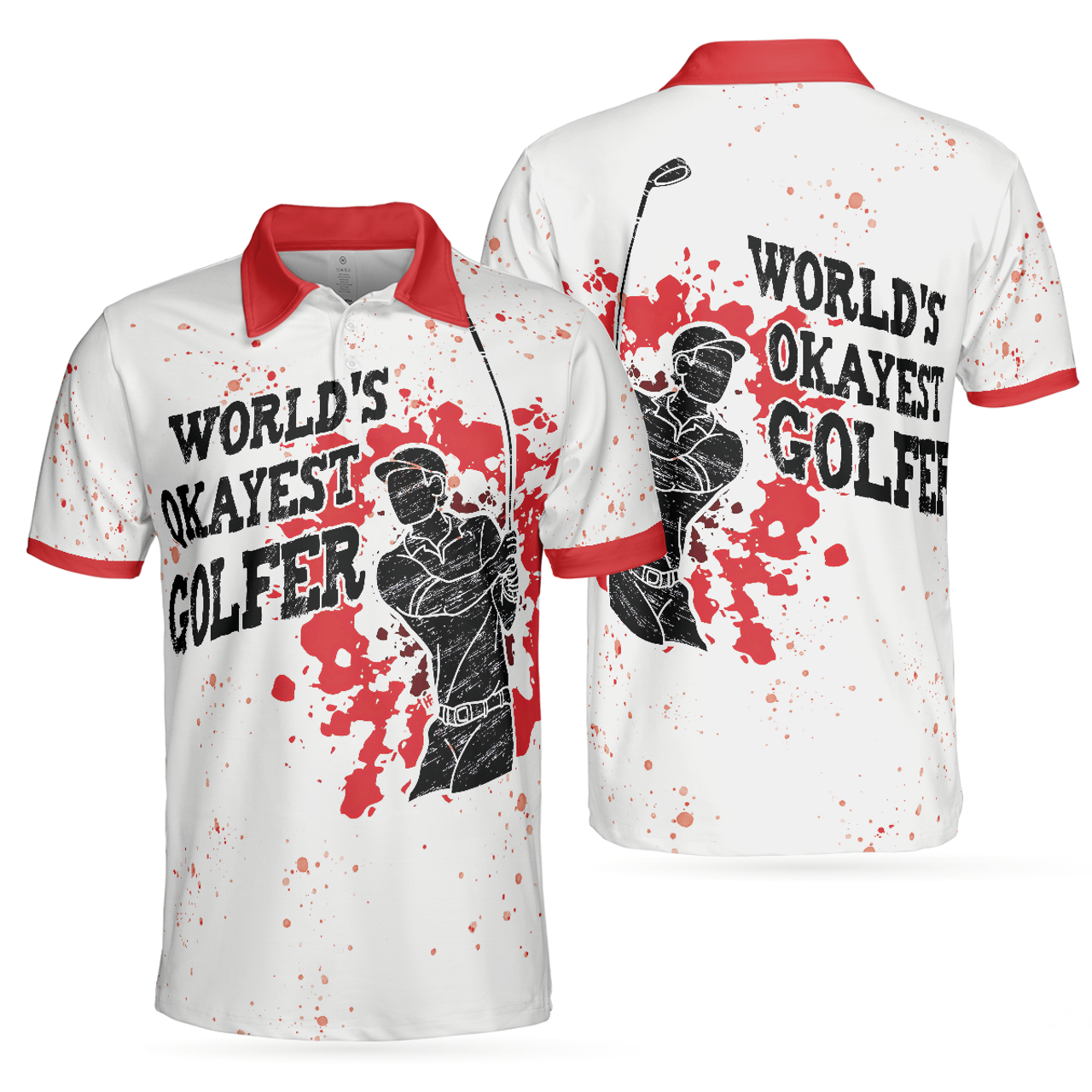World's Okayest Golfer Red Paint Splash Black Silhouette Men's Polo Shirt S-5XL